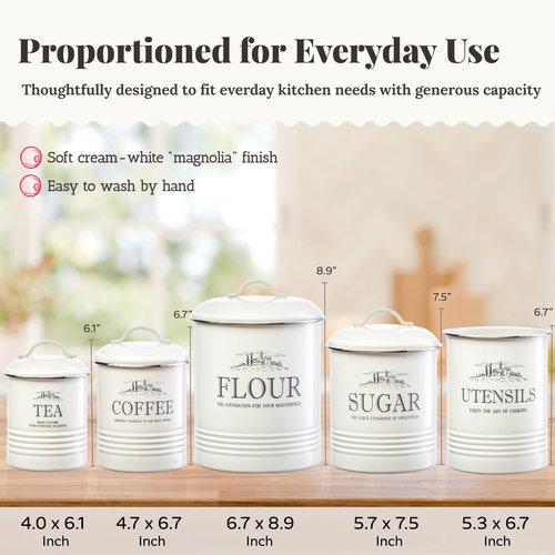 noonberry Kitchen Canisters for Countertop – 5-Piece Airtight Flour Sugar Coffee Tea Kitchen Canister Set with Utensil Holder – Sugar and Flour Containers for Kitchen Counter, Cream-White Finish