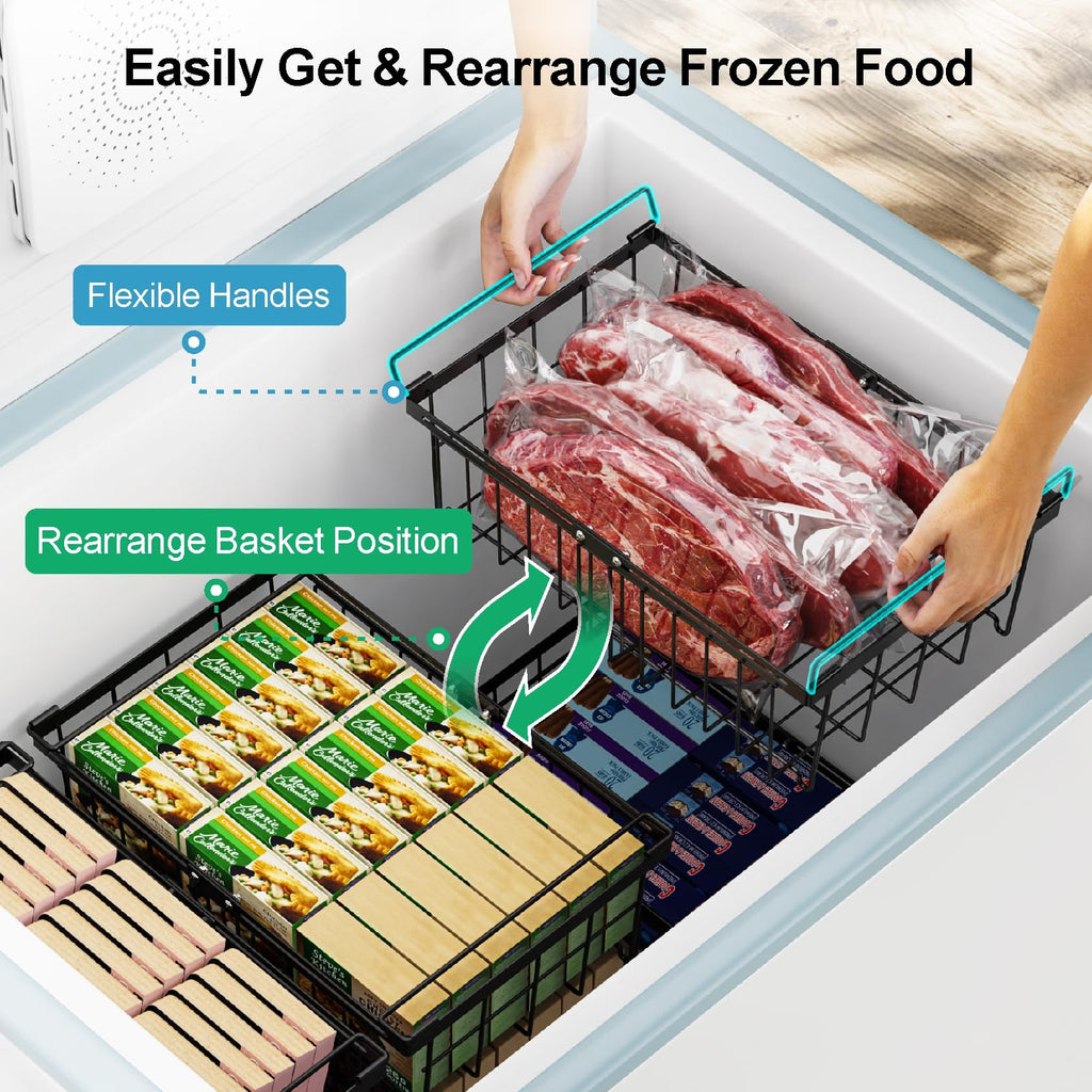 iSPECLE 4 Pack Freezer Organizer Bins - Fit 10 to 20 Cu.Ft Deep Freezer, Expandable Wire Storage Chest Freezer Baskets for Frozen Food, Stackable with Handles, Black