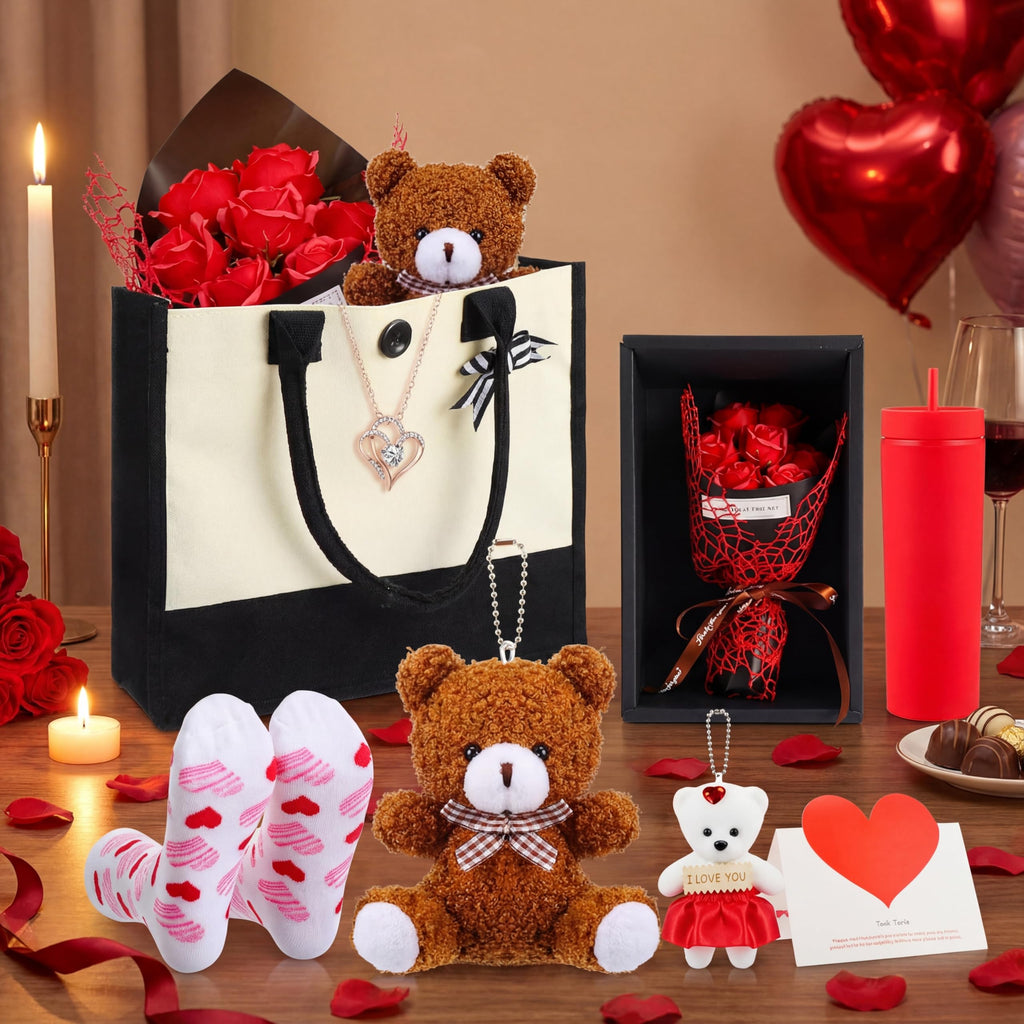 Reallnaive 9 Pcs Valentine's Day Gifts for Her, Anniversary Birthday Gifts for Wife, Gift for Women Set Includes Tumbler Artificial Flower Bouquet Keychain Necklace Bracelet Tote Bag Sock Card(Red)