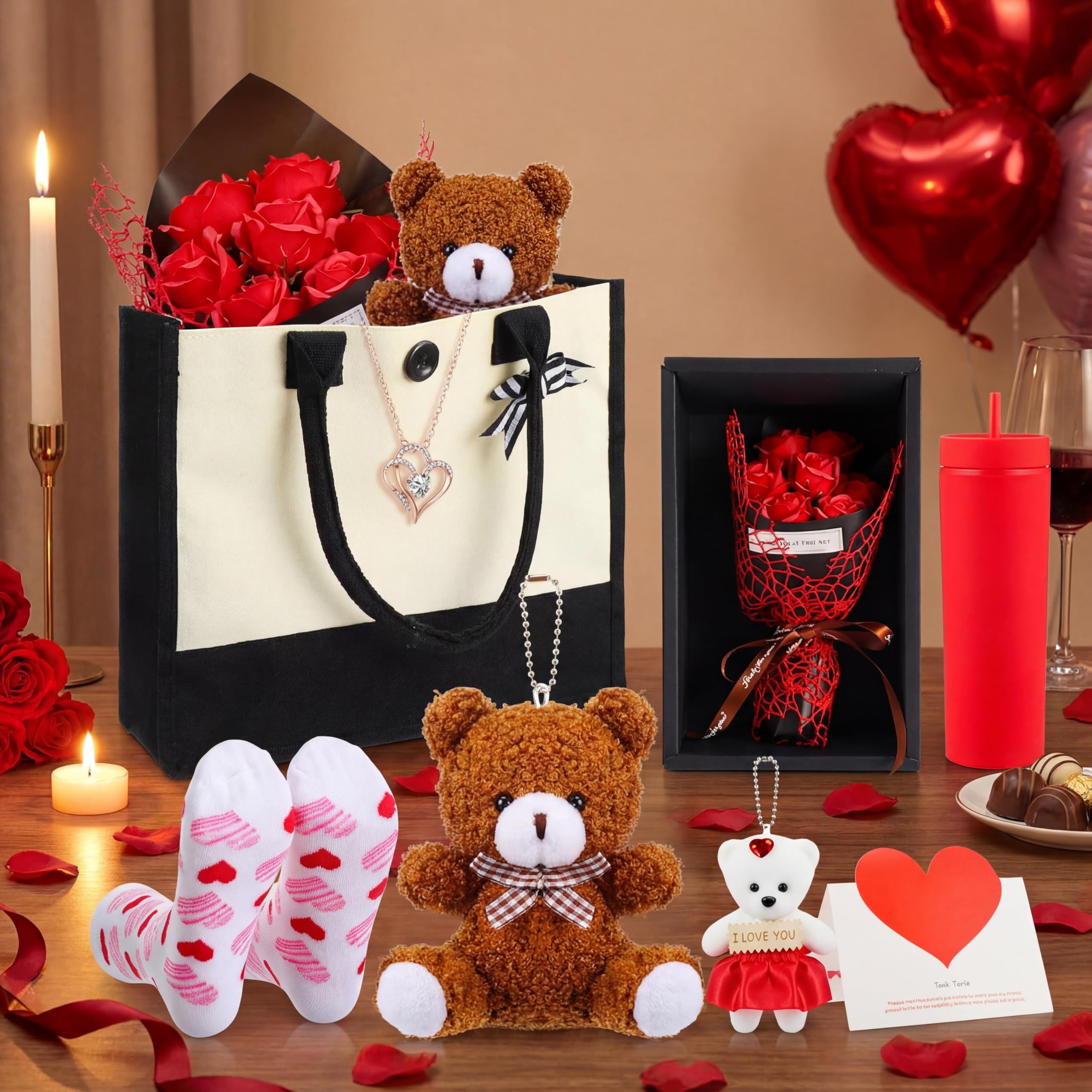 Reallnaive 9 Pcs Valentine's Day Gifts for Her, Anniversary Birthday Gifts for Wife, Gift for Women Set Includes Tumbler Artificial Flower Bouquet Keychain Necklace Bracelet Tote Bag Sock Card(Red)