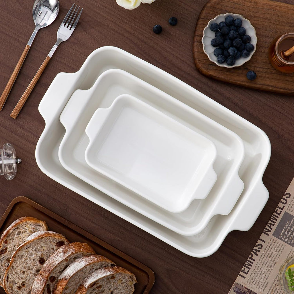 YUN TAO Casserole Dishes - 3-Piece Porcelain Bakeware Set with Handles | Deep Rectangular Lasagna Pans (15.1 Inch, White)