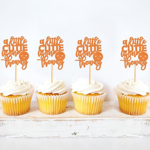 Ercadio Baby Shower Cupcake Toppers - 24 Pcs Orange "A Little Cutie" Party Decorations