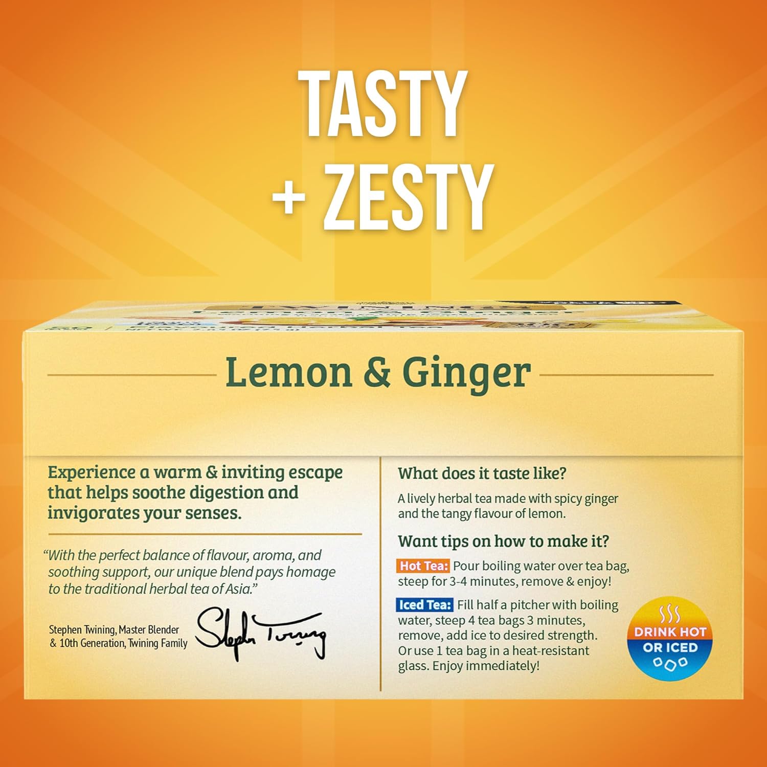 Twinings Lemon & Ginger Herbal Tea - Caffeine-Free, Tangy & Spicy, 50 Individually Wrapped Bags (Pack of 6)
