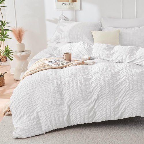 HYMOKEGE Twin Comforter Set - Luxury 5-Piece Seersucker Bedding Set for All Seasons | White