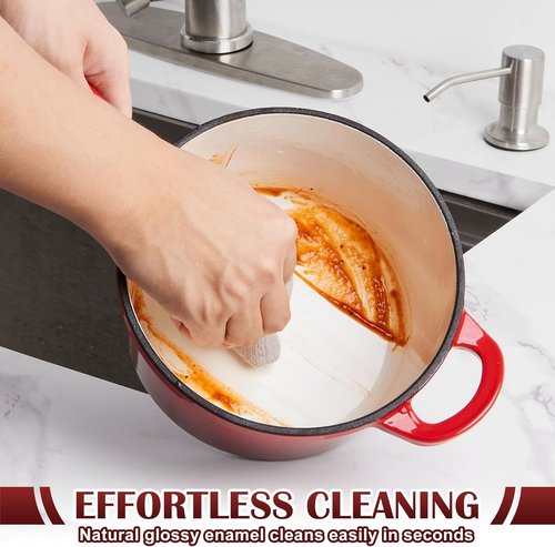 E-far Enameled Cast Iron Sauce Pan Set - 1Qt & 2Qt Heavy Duty Dutch Ovens with Self-Basting Lids | Induction-Ready, Easy Clean, Red
