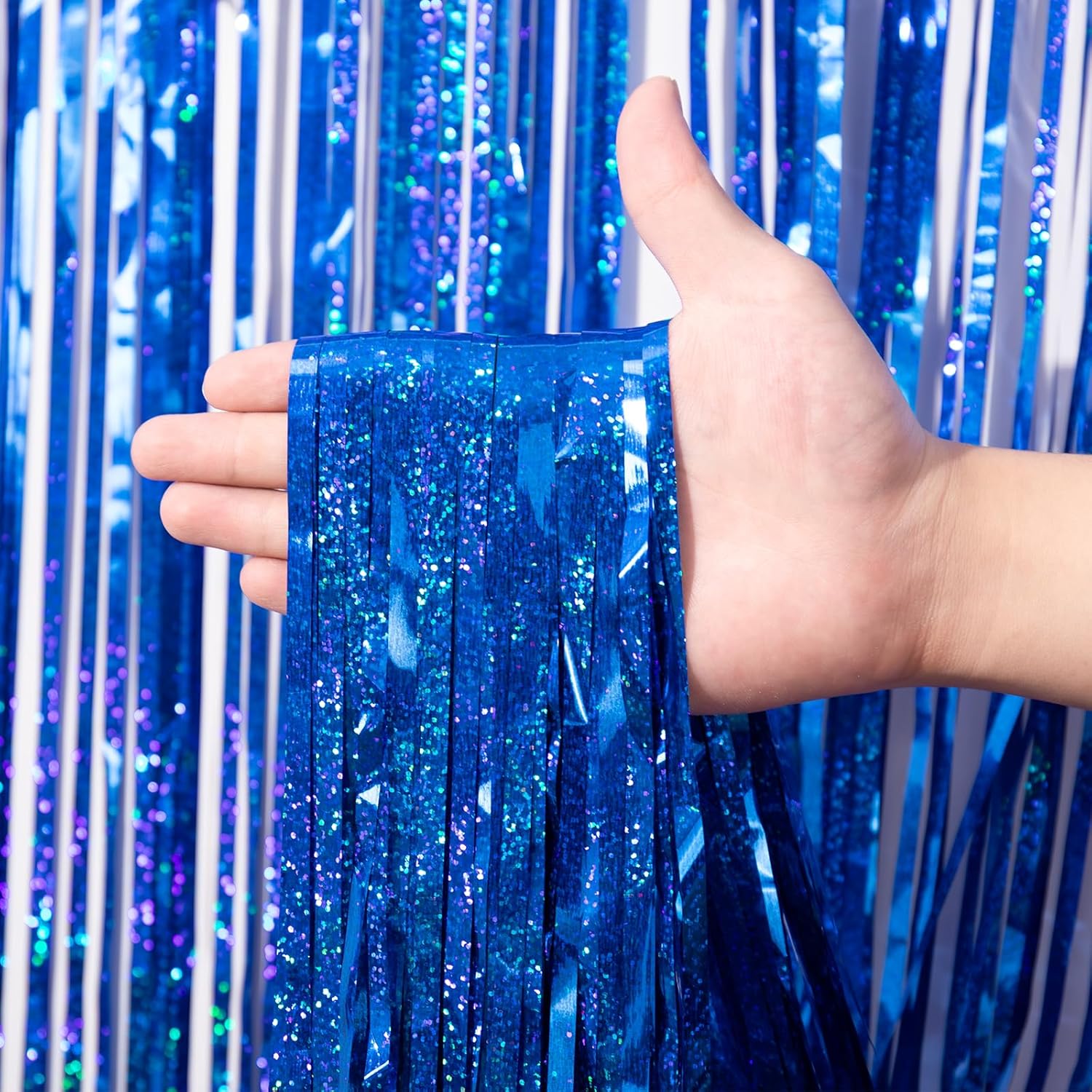 Voircoloria Laser Blue Foil Fringe Backdrop Curtains - 3 Pack | 3.3 x 8.2 ft Party Decorations for Graduation, Baby Shower, & More