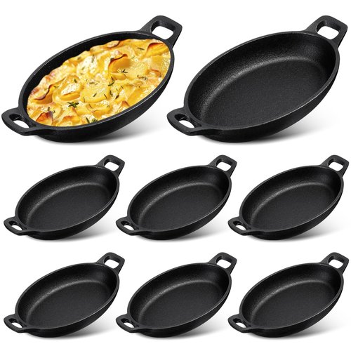 Mifoci 8 Pack Mini Cast Iron Fajita Skillet, 7.1" x 4.7" Oval Sizzling Steak Plate Pan Small Ramekin Set Black Casserole Dish for Stove Oven Grill Restaurant Kitchen Indoor Outdoor Picnic