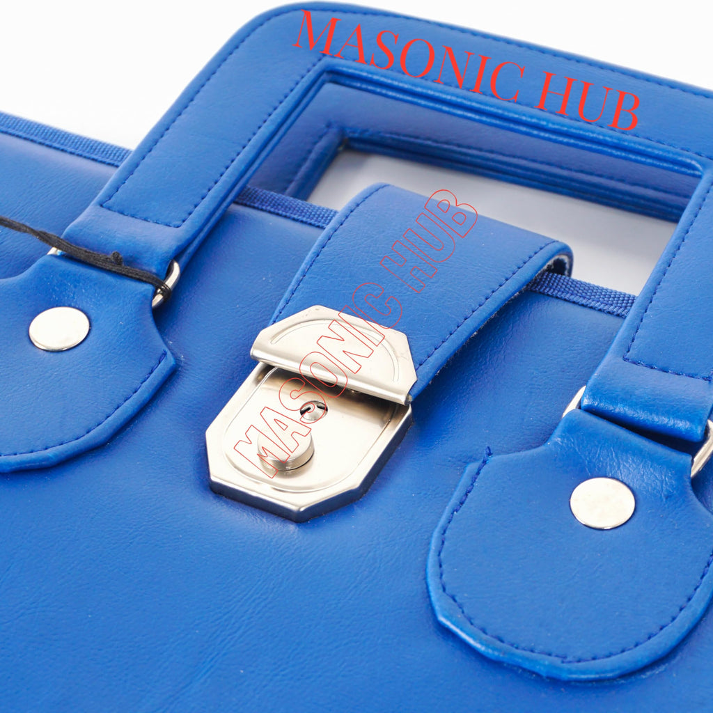 MASONIC HUB Hand Embroidered Square & Compass Apron Carrying Case – Hard Sided Blue Regalia Storage Box with Handle, Lock & Key – Fits Master Mason Apron & Chain Collar- Faux Leather
