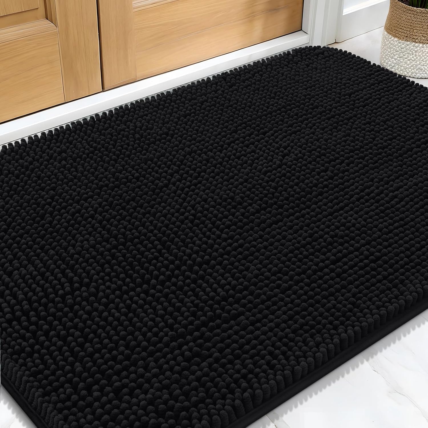 OLANLY Dog Door Mat - Absorbent Non-Slip Washable Chenille Mat for Muddy Paws | 30x20 Inches, Black
