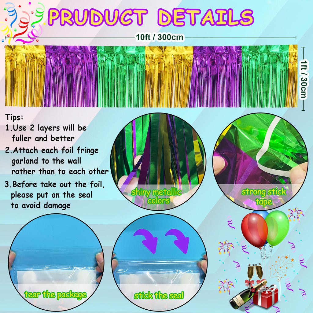 4 Packs Total 39 Ft Mardi Gras Parade Floats for Trailer Car, Green Gold Purple Foil Fringe Garland Tinsel Streamers Banner Table Skirts for Halloween Graduation Homecoming Birthday Party Decor