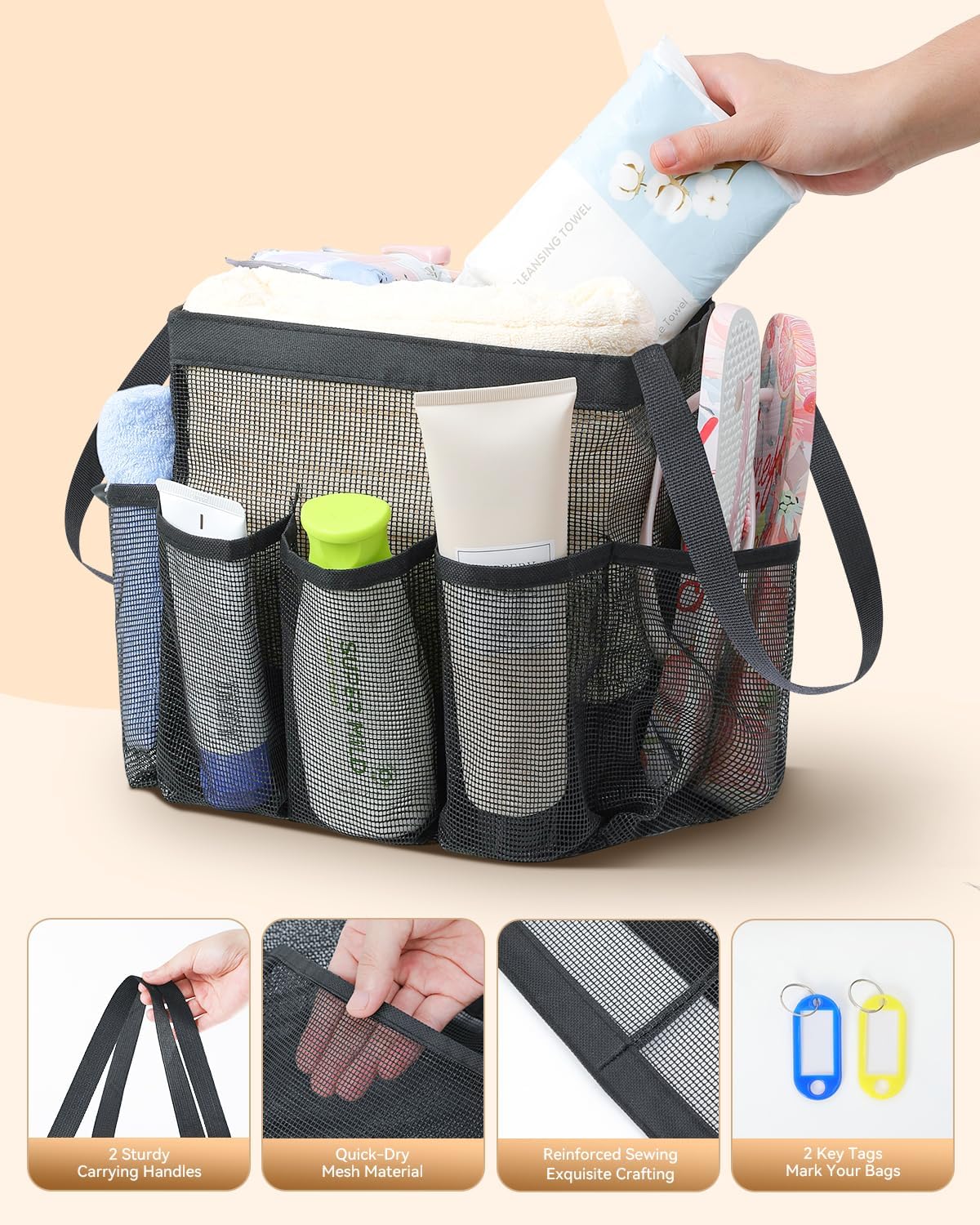 Temede Mesh Shower Caddy Tote - Large Portable Bath Organizer with 8 Storage Pockets | Quick Dry for College, Gym, Travel