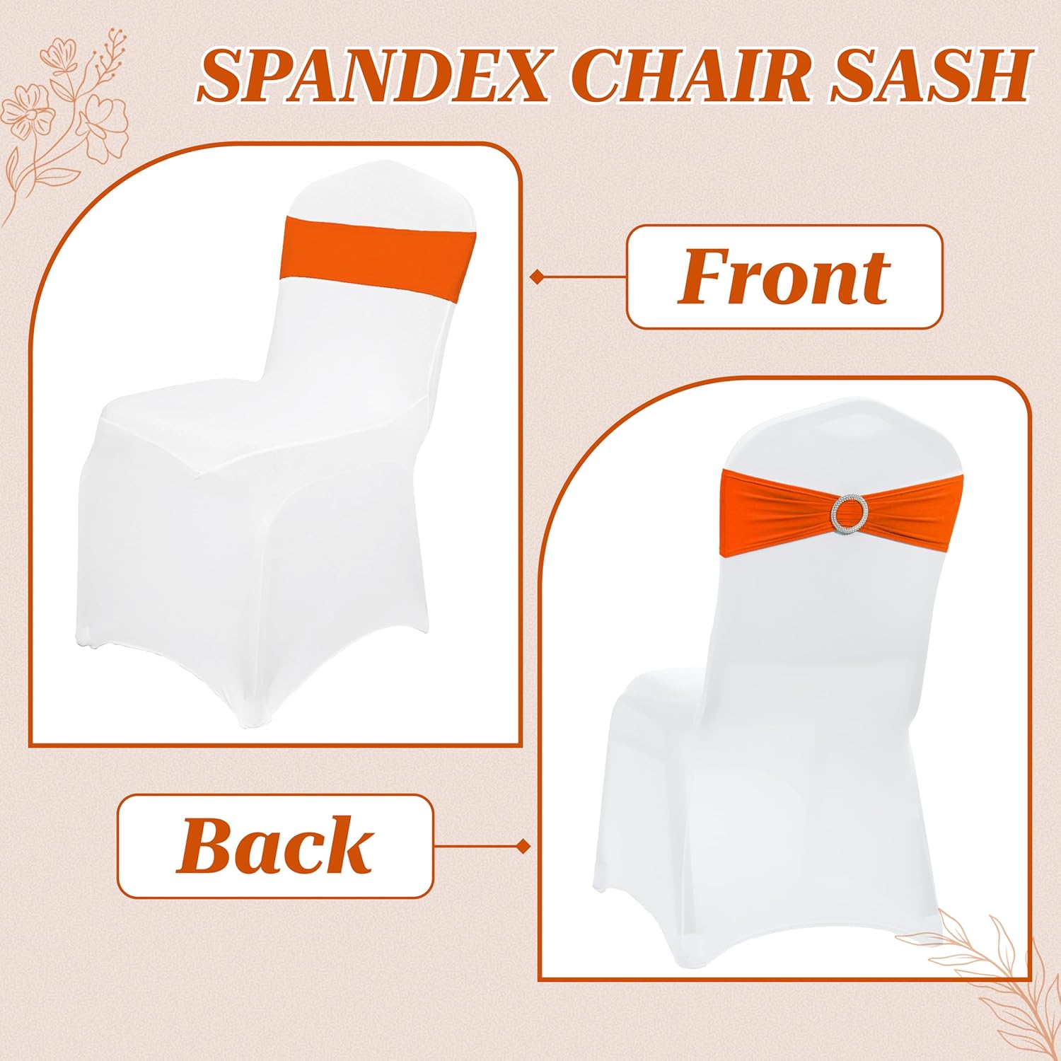 MDS Spandex Chair Sashes - Pack of 200 Universal Stretch Bands with Buckle Slider for Wedding Decor | Orange