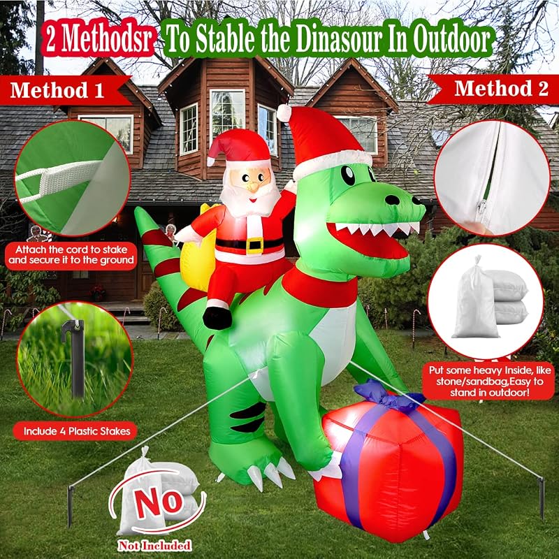 5 Ft Christmas Inflatable T-Rex Dinosaur with Santa Claus — Built-in LED, Easy Setup