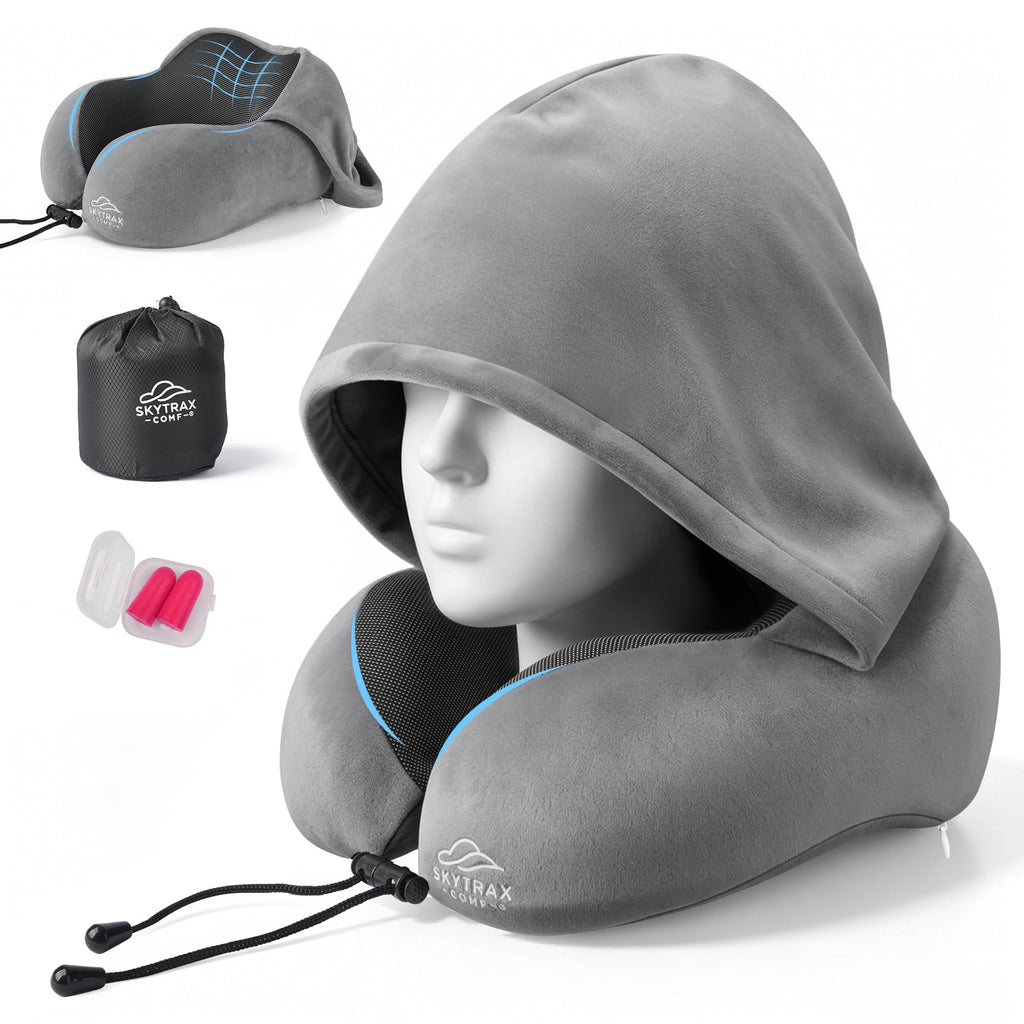 SkytraxComf® Travel Neck Pillow with Hood for Privacy on Long Flights