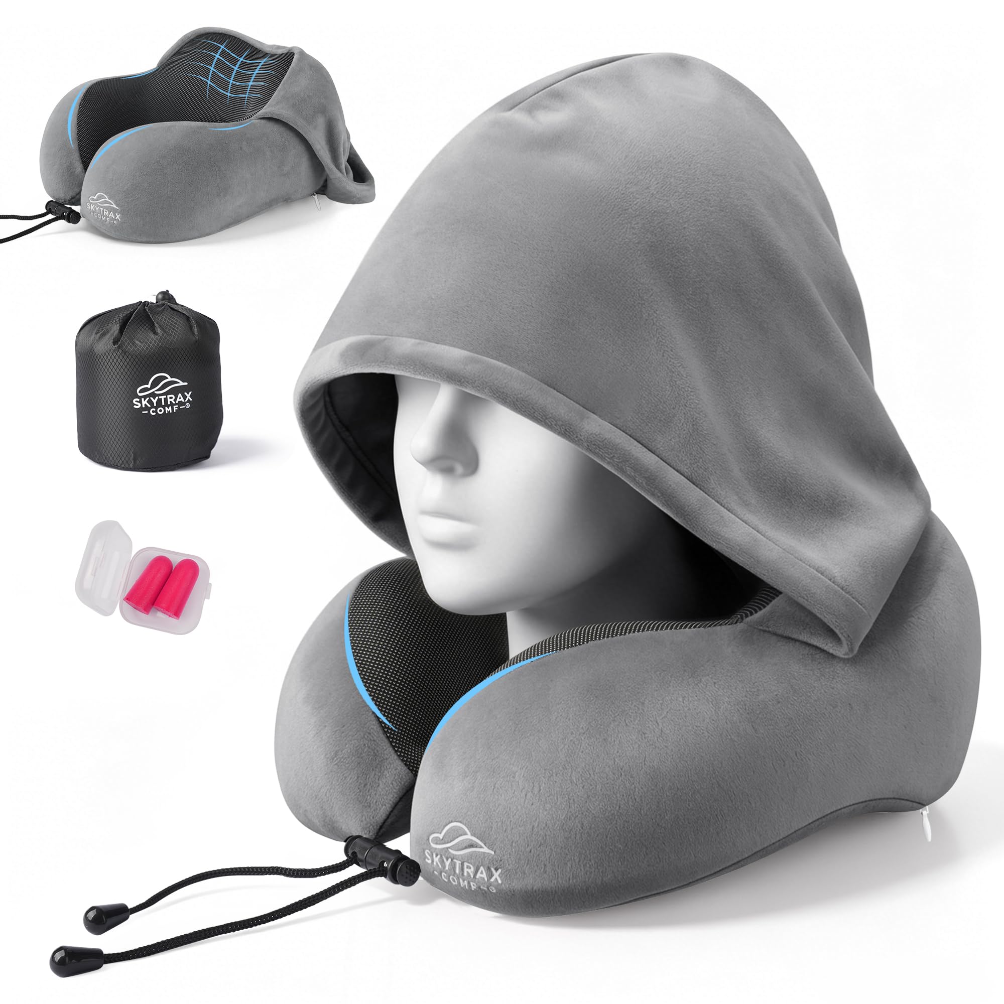 SkytraxComf® Travel Neck Pillow with Hood for Privacy on Long Flights