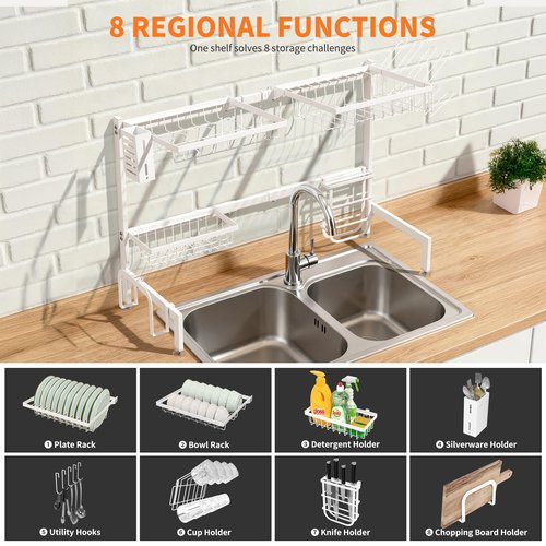 HOTEAGLE Dish Drying Rack for Kitchen Counter 2 Tier Expandable Over Sink Dish Rack, 25.6"-33.5" L x 12.4" W x 20.5" H, White