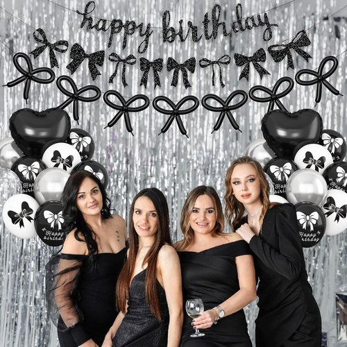 Bow Coquette Birthday Decorations - Black & Silver Party Set with Happy Birthday Banner & Heart Foil Balloons