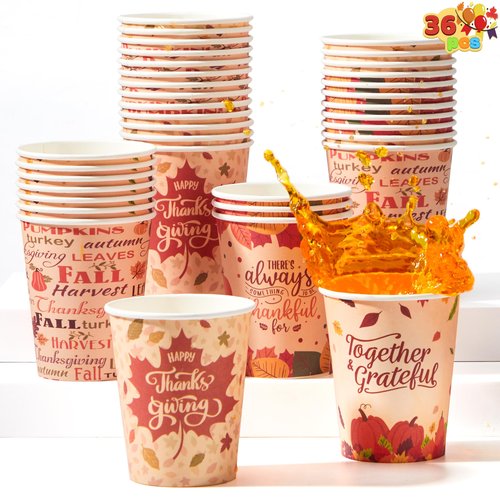 JOYIN 36 PCS Thanksgiving Disposable Cups,9 oz Pumpkin Maple Leaves Paper Cups, for Juice, Coffee, and Hot/Cold Drinks, 4 Charming Designs for Thanksgiving Party Fall Leaves Harvest Decoration