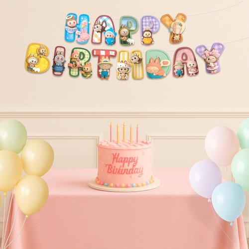 IndoTribe Pink Happy Birthday Banner - Pre-Strung,No DIY Cute Cartoon Theme Happy Birthday Sign Birthday Decorations for Girls Reusable Happy Bdy Backdrop for Women