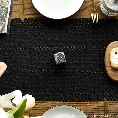 Artoid Mode Black Farmhouse Woven Rustic Hollow Table Runner, Seasonal Holiday Kitchen Dining Table Decoration for Home Party Decor 12x36 Inch