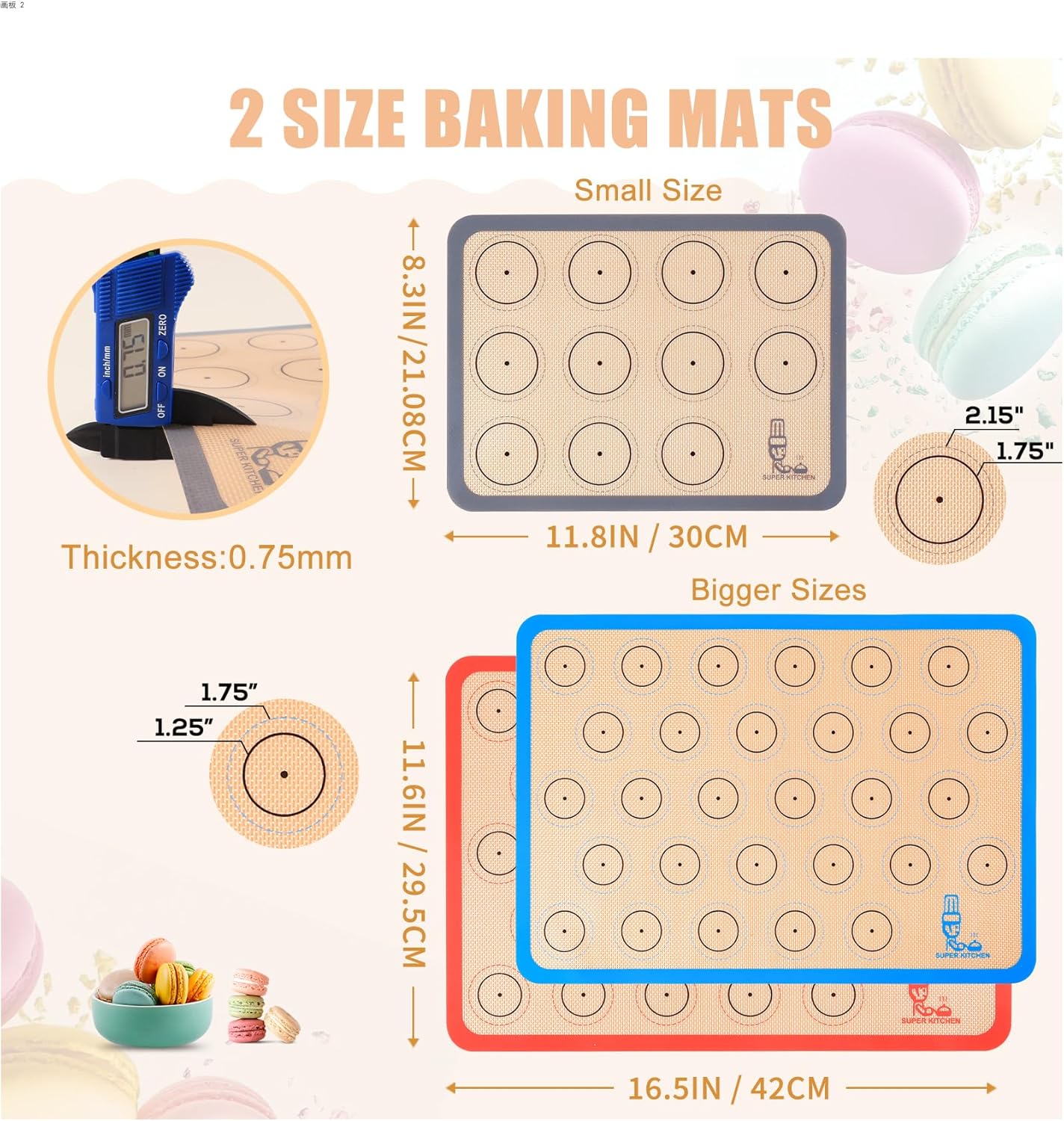 Silicone Baking Mat Macaron - Non-Stick Set of 3 Half & Quarter Sheet Liners | Red, Blue, Gray