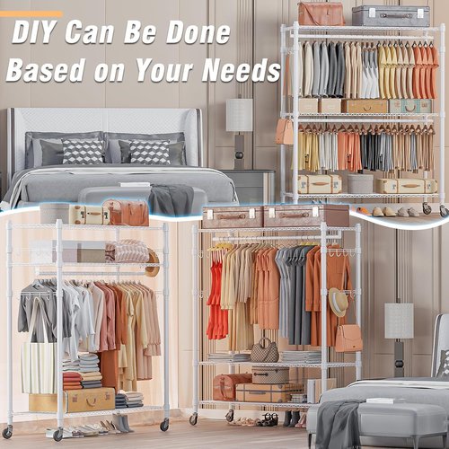 Homdox 3-Tier Garment Rack - Portable Heavy-Duty Closet Organizer with Wheels & Double Hanger Rods | White