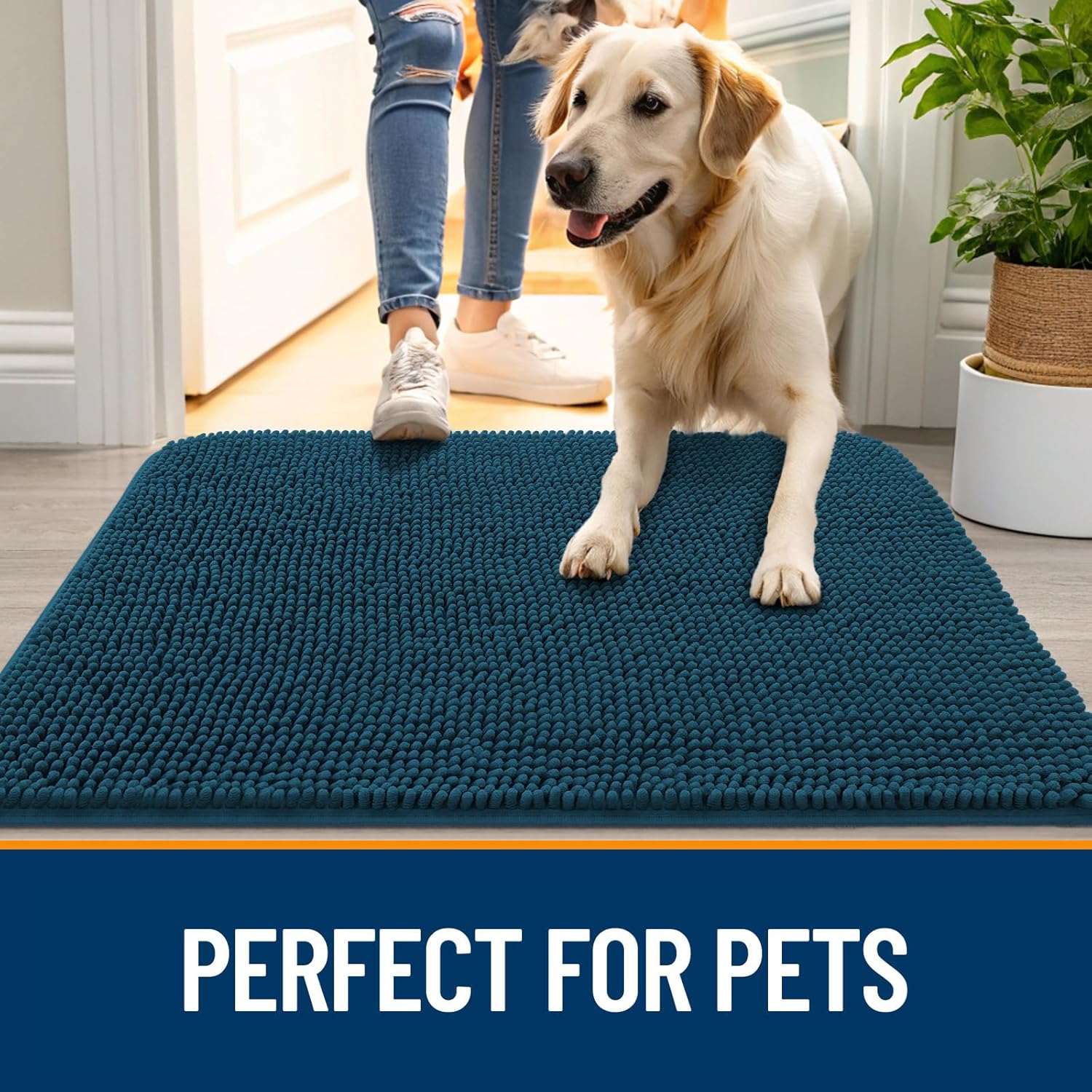 OLANLY Dog Door Mat - Absorbent Non-Slip Washable Doormat for Muddy Paws | 48x30 Atlantic Blue