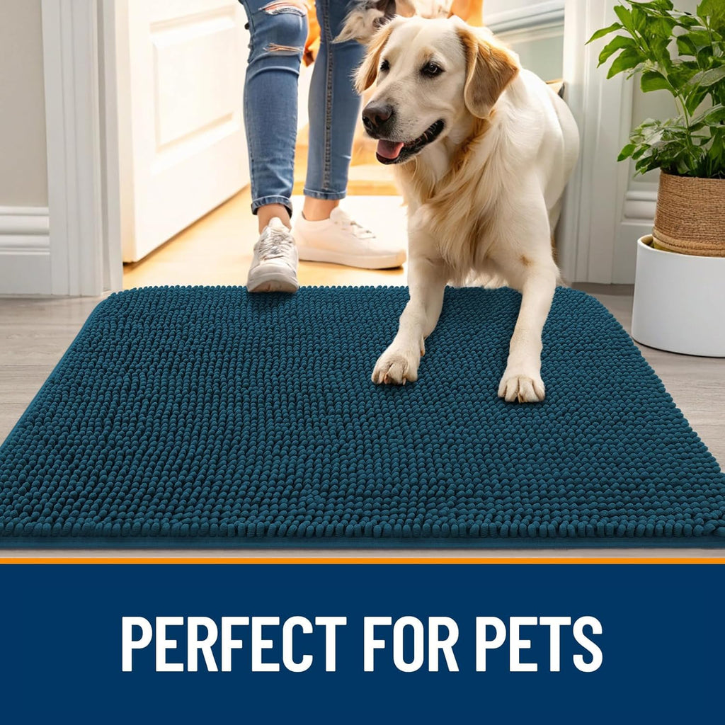 OLANLY Dog Door Mat - Absorbent Non-Slip Chenille for Muddy Paws | 45x27, Quick Dry, Atlantic Blue