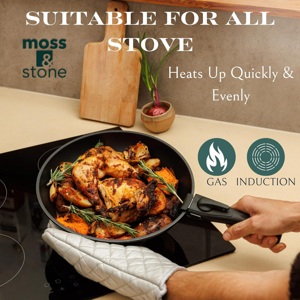 Moss & Stone Nonstick Cookware Set - 10-Piece Space-Saving Pots and Pans with Removable Handles | RV & Induction Ready
