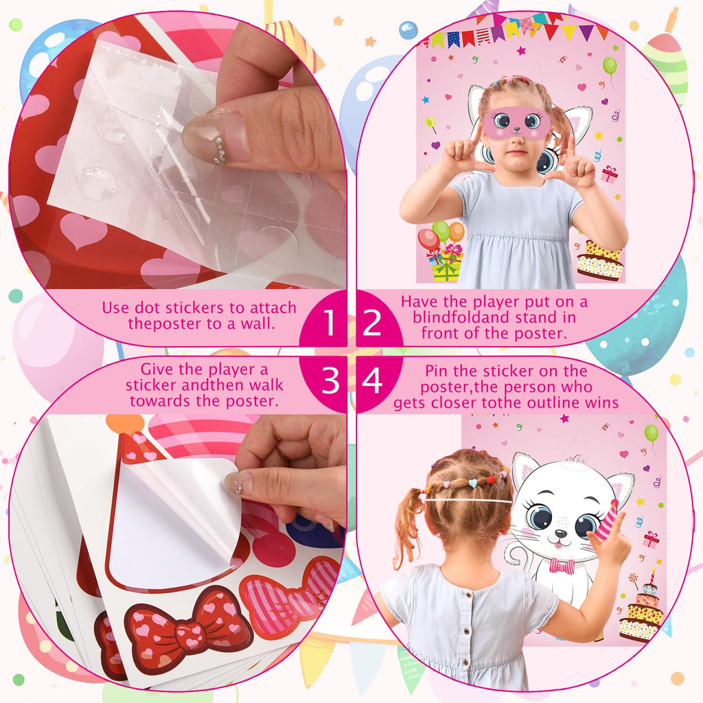 PLULON Cat Party Game for Kids Pin The Hat Bow Tie on The Cat Birthday Game Poster for Boy Girl Birthday Summer Party Favors Wall Decorations Classroom Activities
