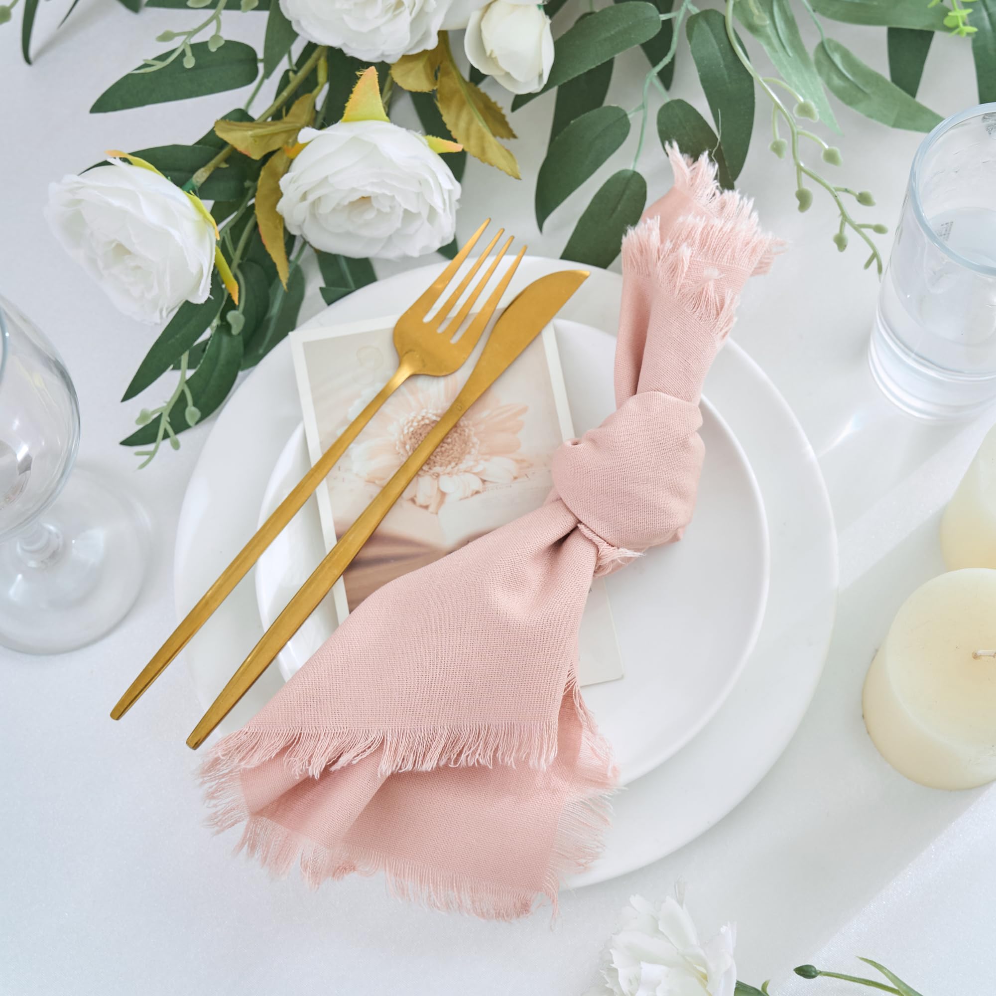 Xiomot Handmade Cotton Linen Napkins Cloth with Fringes Set of 4 17"x17" Dusty Pink Boho Dinner Table Napkins Bulk for Wedding Party Bridal Baby Shower Decoration