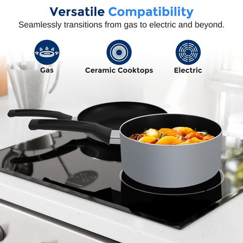 SereneLife Kitchenware Pots and Pans Set, Basic Kitchen Nonstick Cookware Set, Heat Resistant Lacquer (6-Piece Set), One Size, Gray