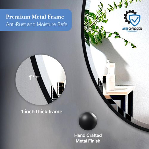 Gatco 1821MX Bathroom Wall Mirror, 33" H x 25" W Modern Mirror for Living Room, Vanity, Slim Design Beveled Framed Large Oval Matte Black - Easy Mount Safety Bracket
