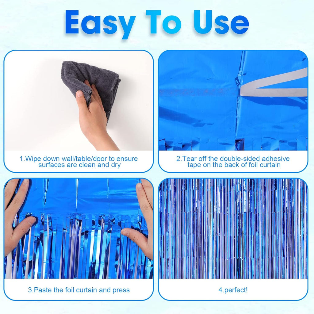 Voircoloria Blue Foil Fringe Backdrop Curtains - 4 Pack Tinsel Streamers for Parties & Events
