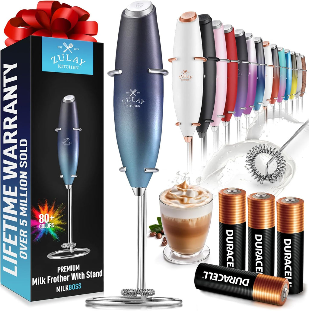 Zulay Kitchen Milk Frother Wand - Ultra-Fast Handheld Electric Whisk for Coffee & Lattes - Deep Sea Color