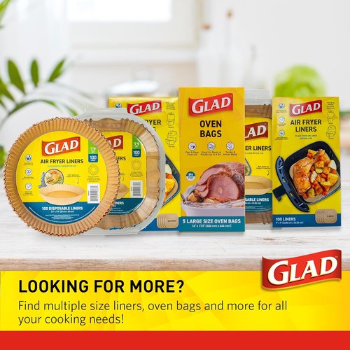 Glad Air Fryer Liners - Nonstick, Heat Resistant, Food Grade Material - 9" Rounded Square Shape, 100 Count