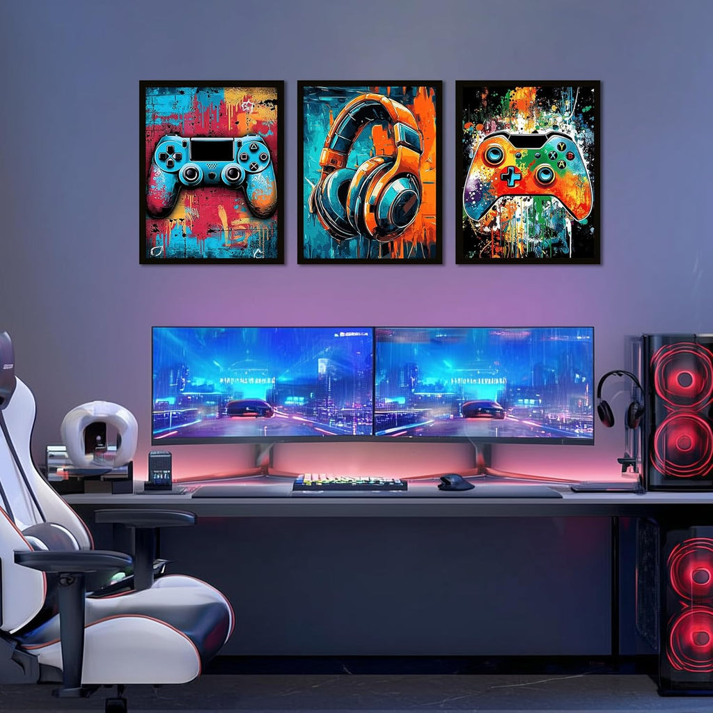Skiennix Gaming Wall Art - Neon Watercolor Graffiti Gamepad Prints | 8x10 in, Set of 3 for Teen Boys
