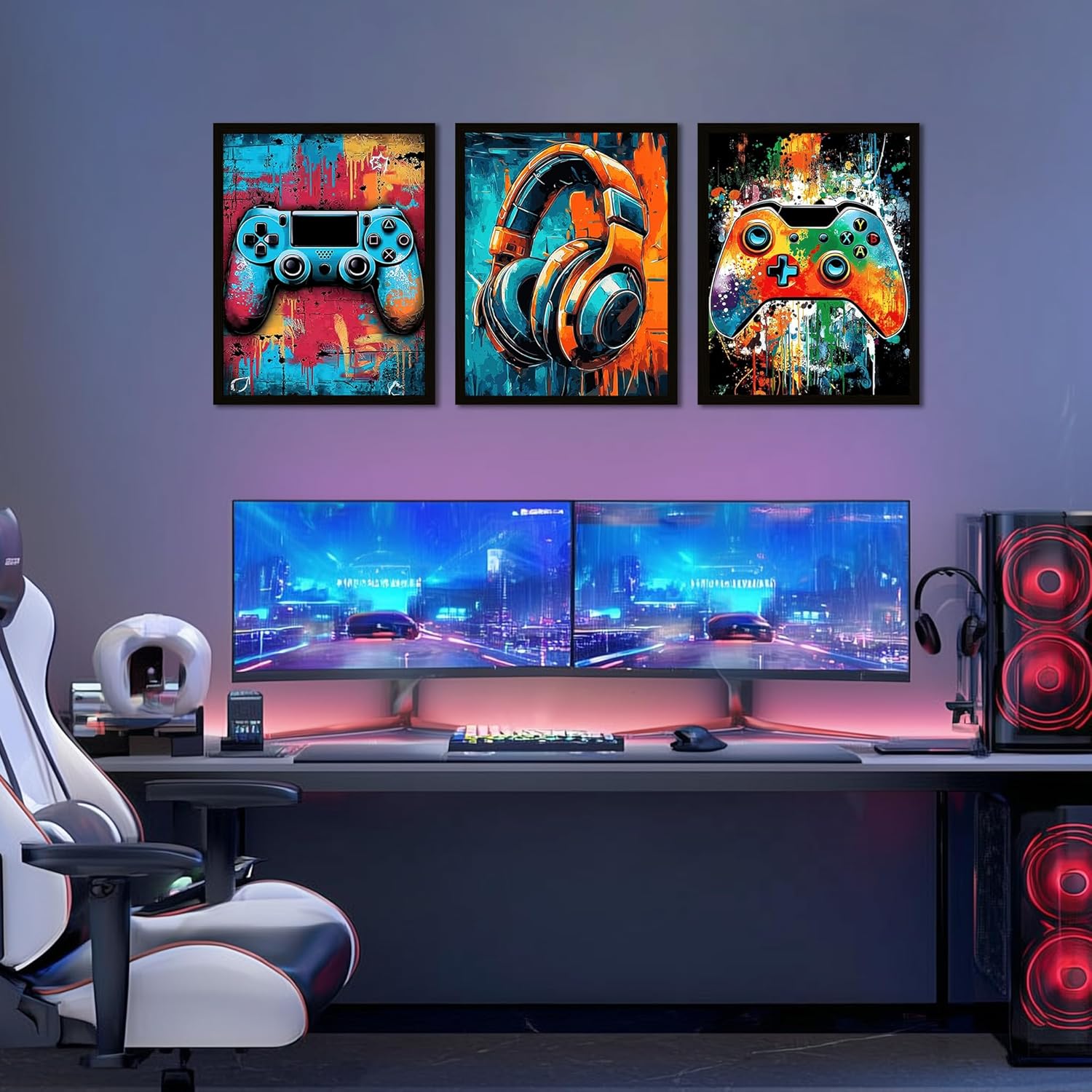 Skiennix Gaming Wall Art - Neon Watercolor Graffiti Gamepad Prints | 8x10 in, Set of 3 for Teen Boys