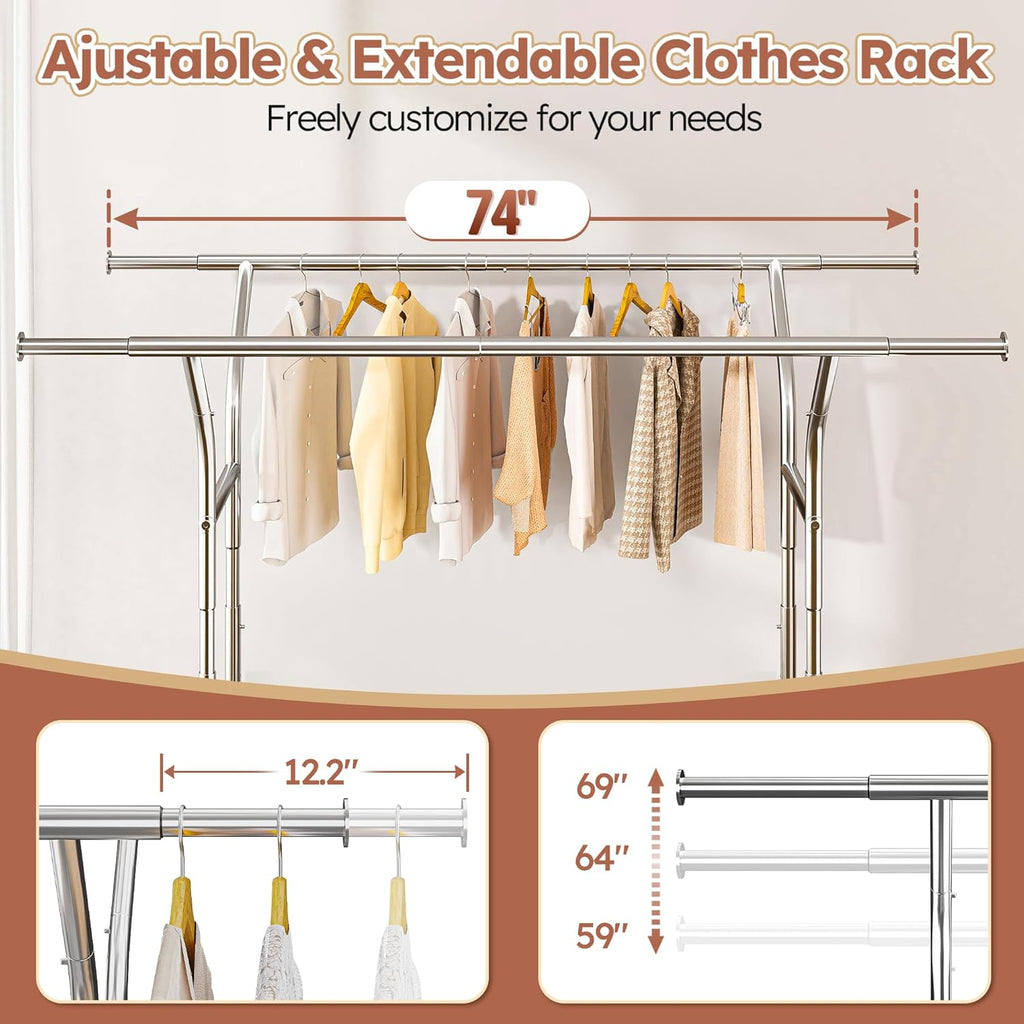 Raybee Heavy-Duty Clothing Rack - 630 LBS Capacity | Rolling Metal Garment Rack for Closet & Laundry Room