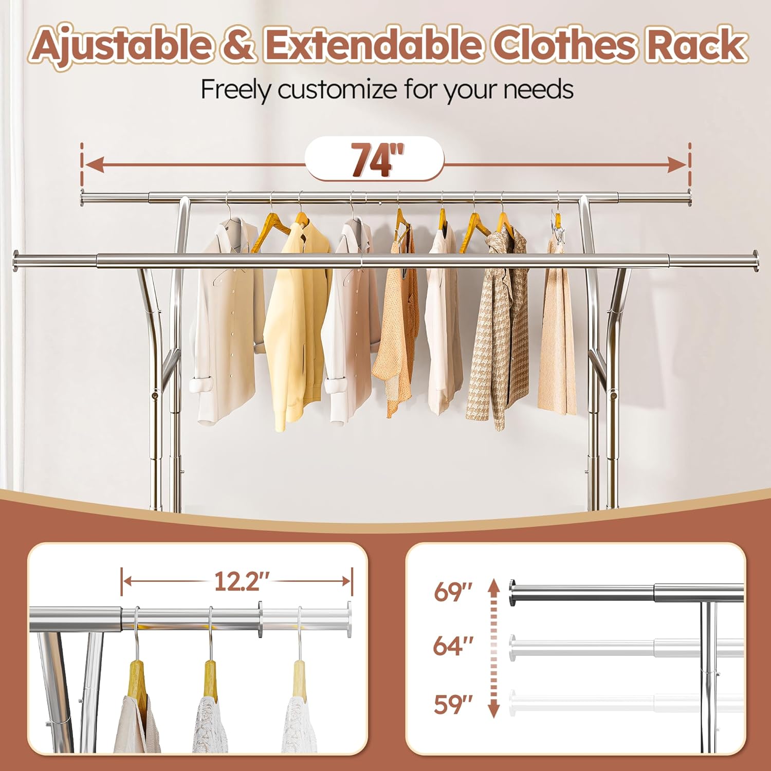 Raybee Heavy-Duty Clothing Rack - 630 LBS Capacity | Rolling Metal Garment Rack for Closet & Laundry Room
