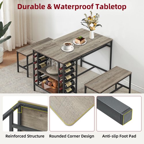 Garvee Dining Table Set for 4, Kitchen Table Set for 4 with 2 Benches, 3 Piece Dining Room Table Set for Small Space Apartment, Grey