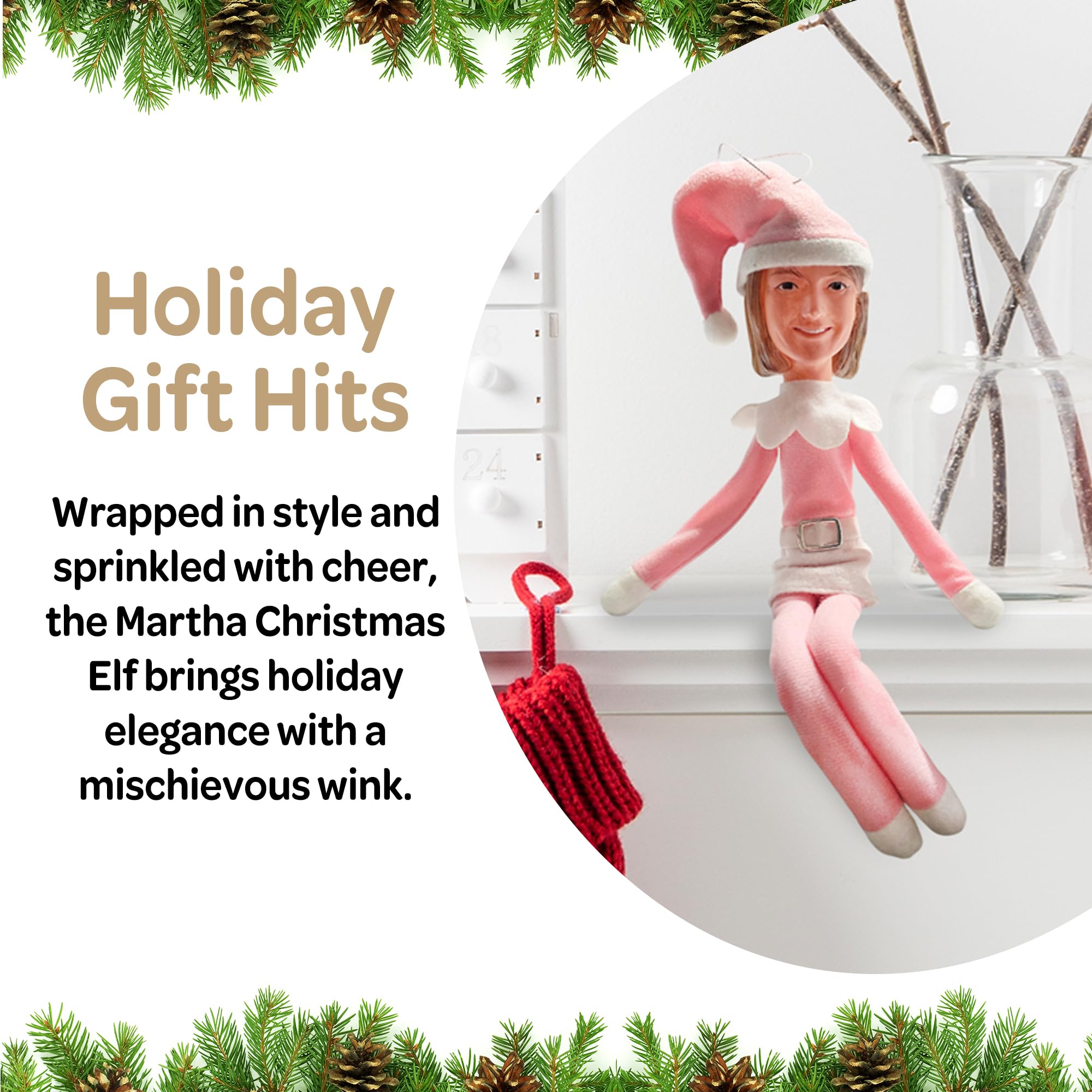 Party Monkeys Bend and Pose Pink Timeless Holiday Charm Martha Elf 35cm Ornament – Handmade Pink Christmas Elf Decoration for Tree, Mantel, Shelf, and Holiday Party Décor