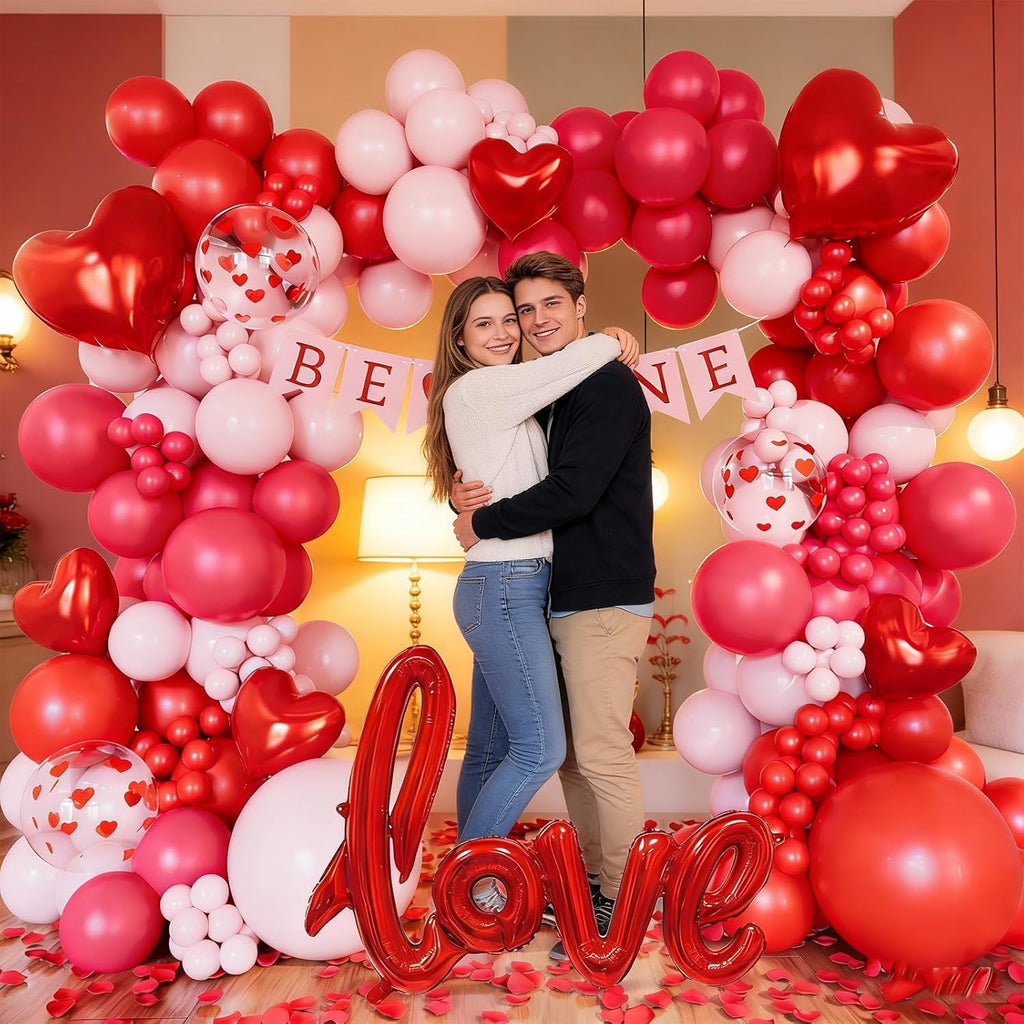 CboDeco Pink and Red Balloon Arch Kit, Red and Pink Balloons Garland With Heart Foil Balloon, Rose Petals, Banner & Garland for Valentine's Day Wedding Engagement Anniversary