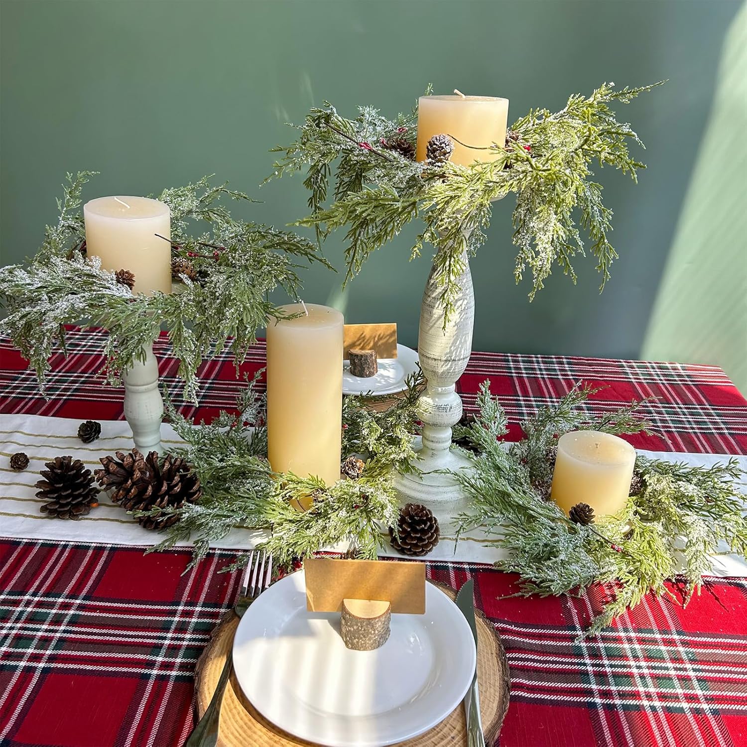 Winlyn Artificial Snowy Cedar Pine Candle Rings - 4 Pcs Mini Winter Wreaths with Pine Cones & Red Berries | 15.7" Wide for Festive Holiday Décor