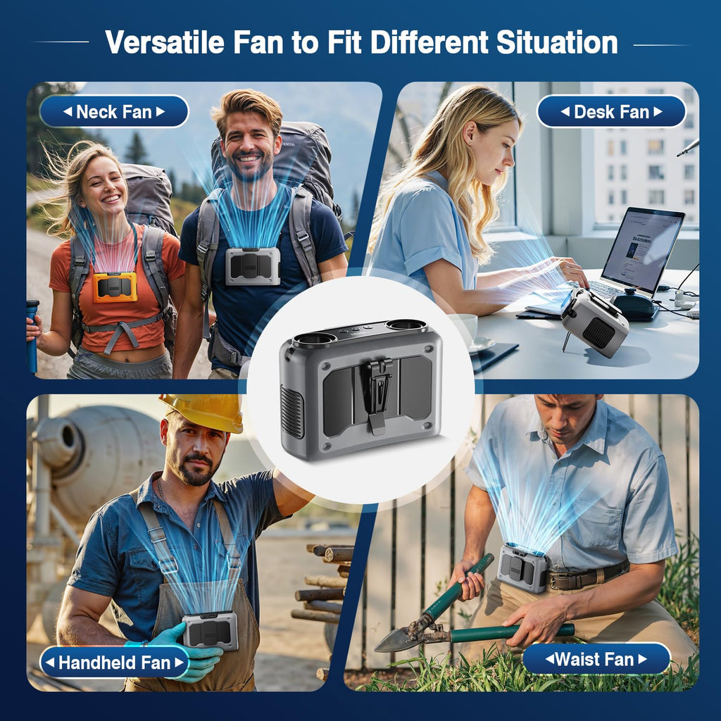 Wavmill 4-in-1 Portable Waist Fan, 20000mAh Dual-Motor Personal Rechargeable Fan [235H Max], 10 Speeds 22000RPM Clip-on Wearable Belt & Hands-Free Neck Fan for Oudoor, Camping, Travel, Jobsite - Grey