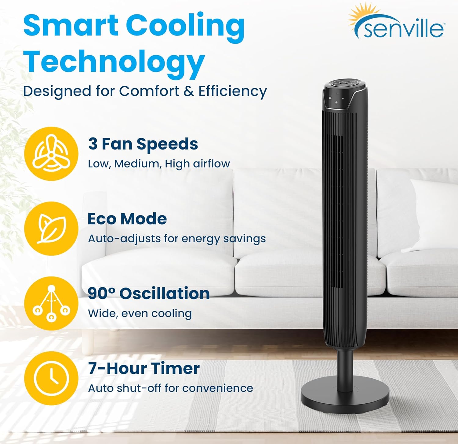 Senville 42" Bladeless Oscillating Tower Fan - Quiet Operation, Remote Control, 3 Modes, Black
