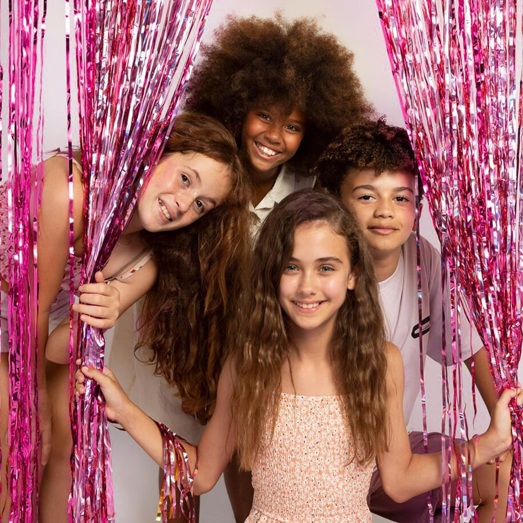 Skiennix Pink Metallic Foil Curtain Backdrop - 5 Pack Tinsel Fringe for Parties & Celebrations