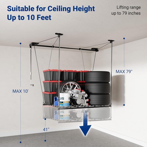 FLEXIMOUNTS GL1 Overhead Garage Storage Rack - Heavy-Duty 4x4 Ft Metal Ceiling Organizer, 350lbs Capacity, Black