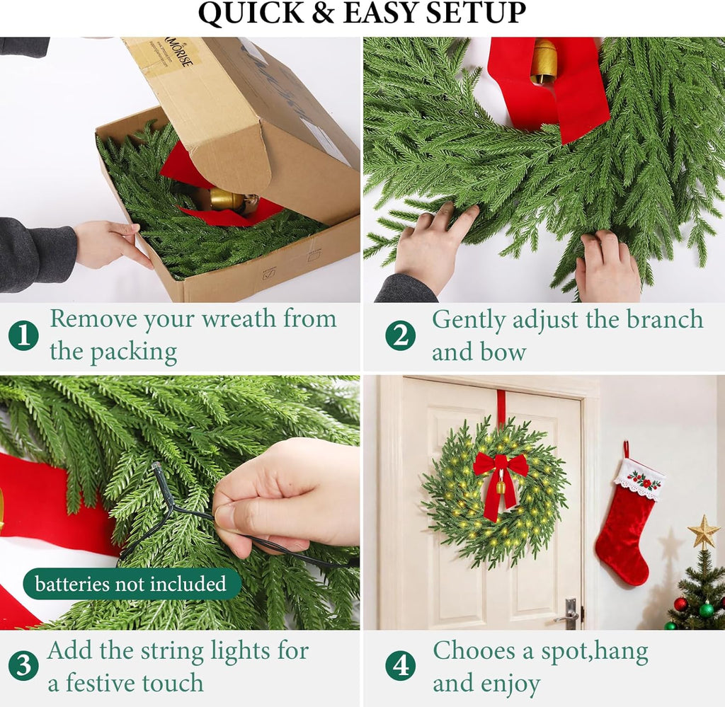 Regine Switzerland Christmas Wreath - 26" Real Touch Pine with Lights, Bow & Bell | Festive Indoor/Outdoor Decor