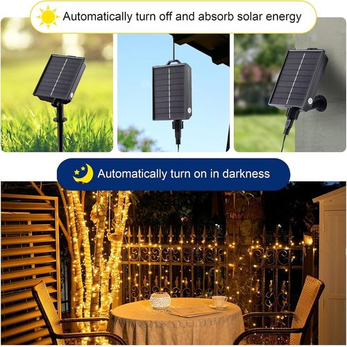 MERRIMAX M Solar Christmas String Lights Outdoor, 33ft 100 LED Solar Fairy Light 8 Modes Waterproof Xmas Lights for Garden, Patio, Home, Party, Wedding, Holiday, Tree, Outdoor (Warm White, 4 Pack)
